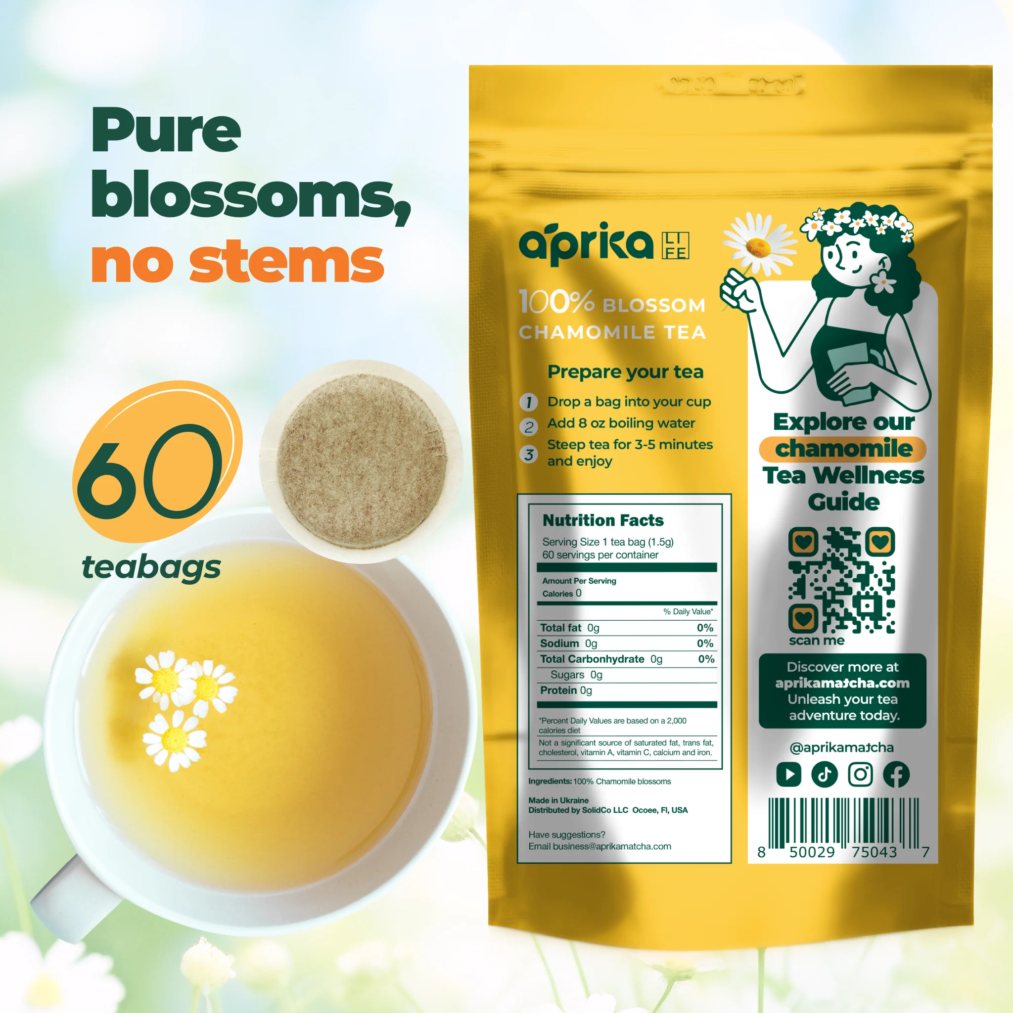 Aprika Life 100% Pure Chamomile Herbal Tea, 60 Bags - Image 3