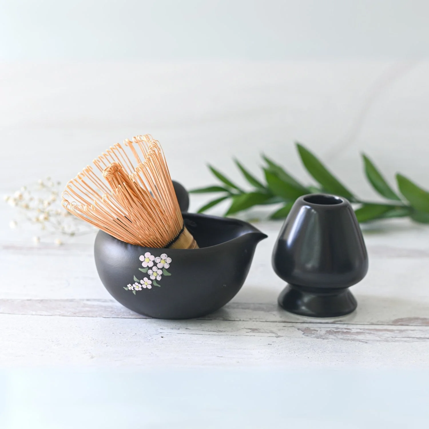 Aprika Life Black Flowers Ceramic Matcha Bowl with Spout - Image 3