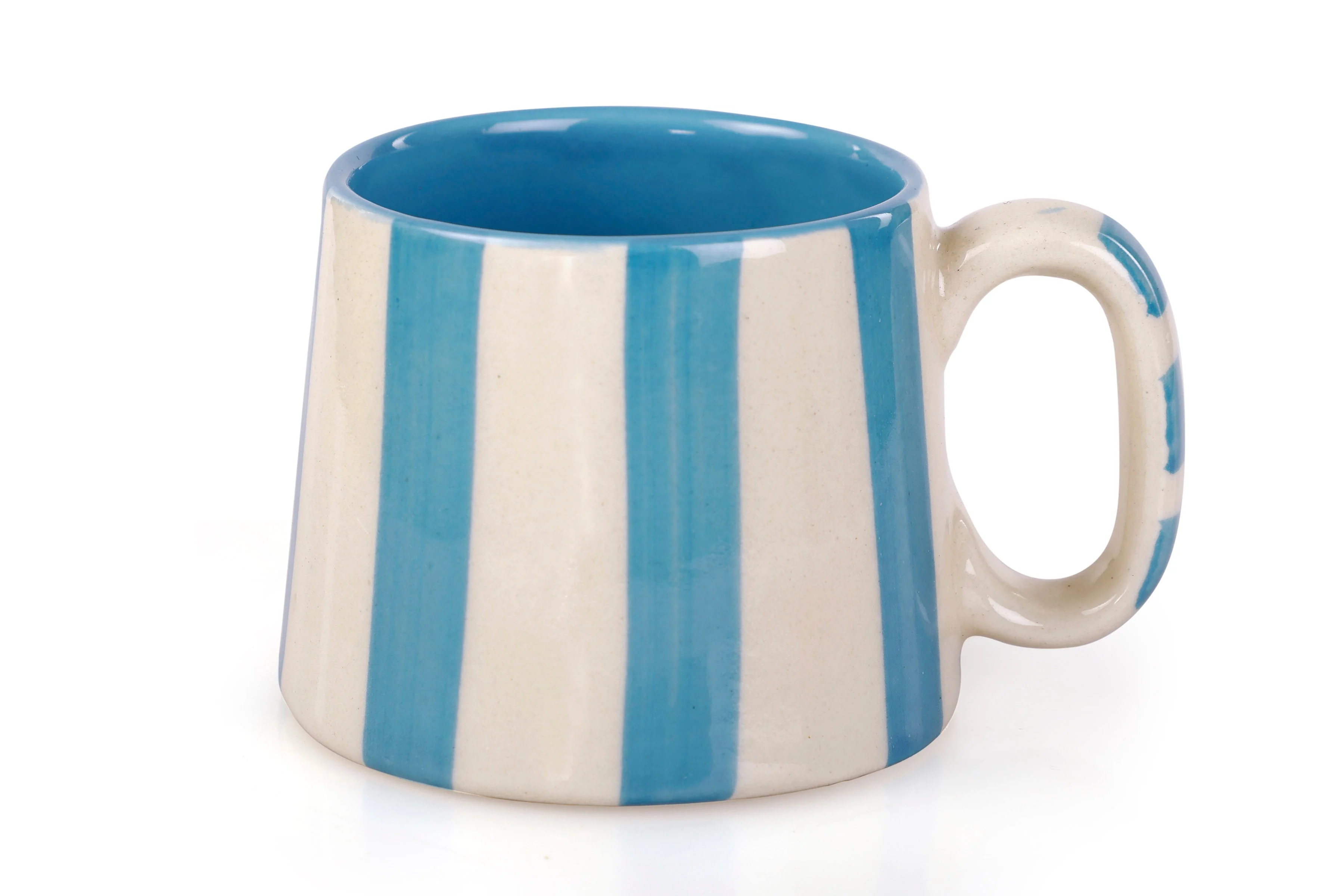 Casa Amarosa Ceramic Aqua Blue Stripe Cup - 3.5 x 2.5 Inches ( Set of 4 )