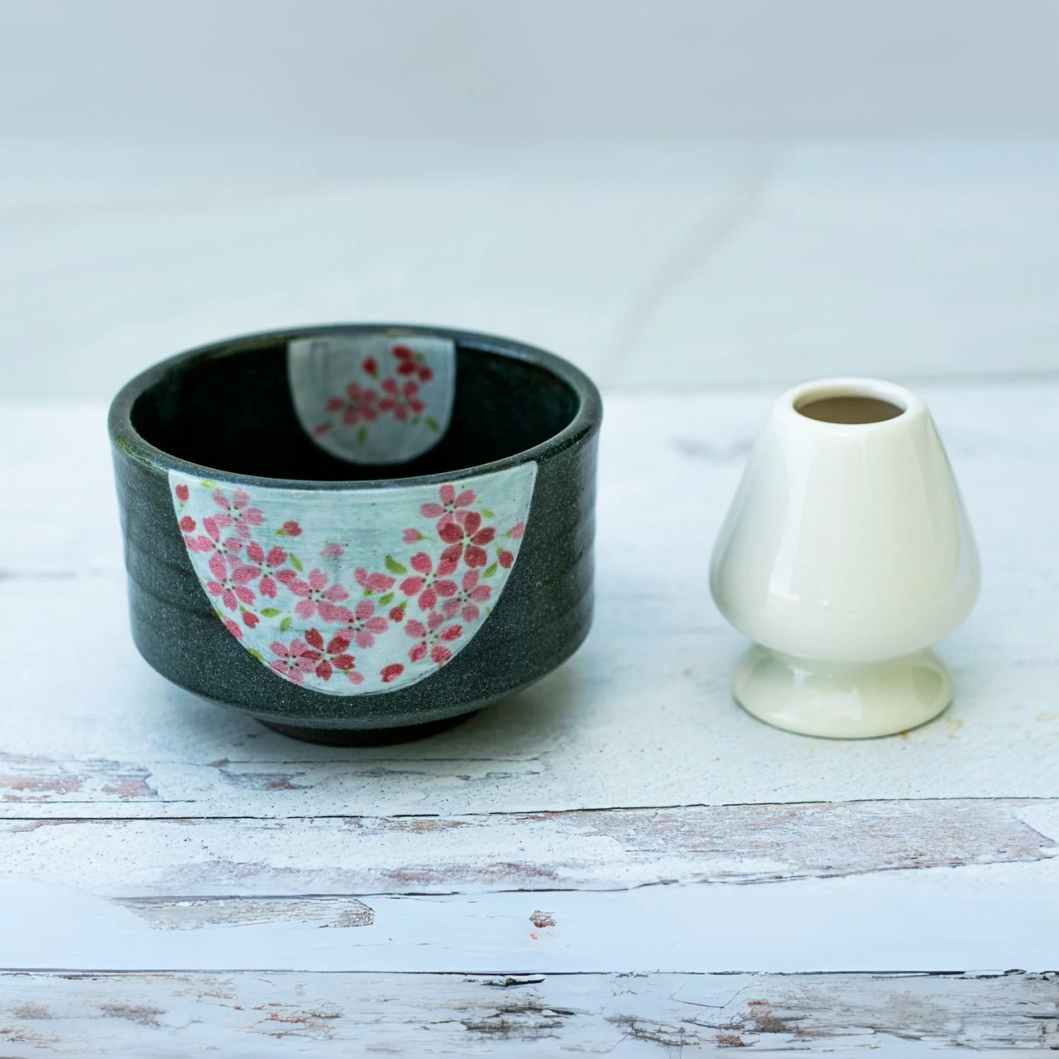 Aprika Life Dark Grey Flowers Ceramic Matcha Bowl - Image 3