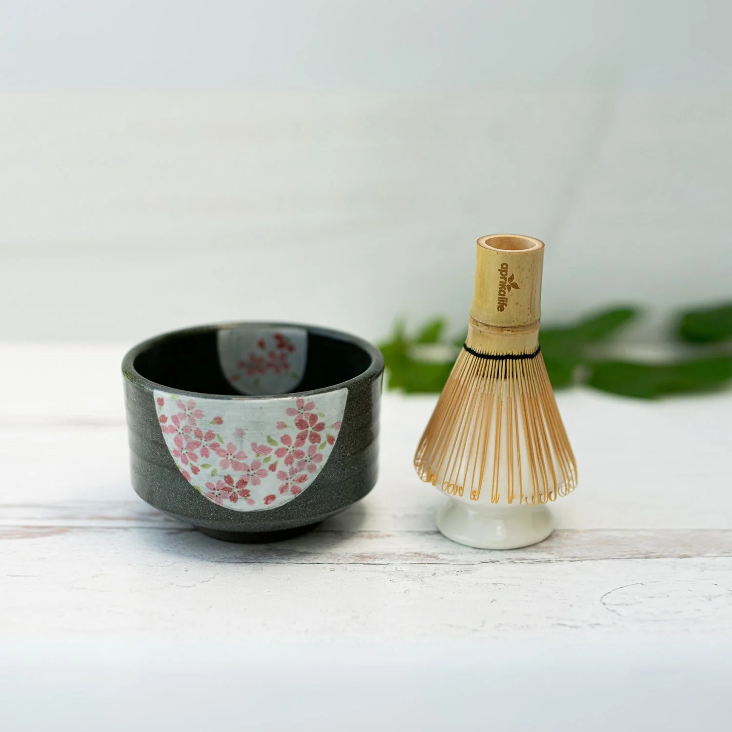 Aprika Life Dark Grey Flowers Ceramic Matcha Bowl - Image 4
