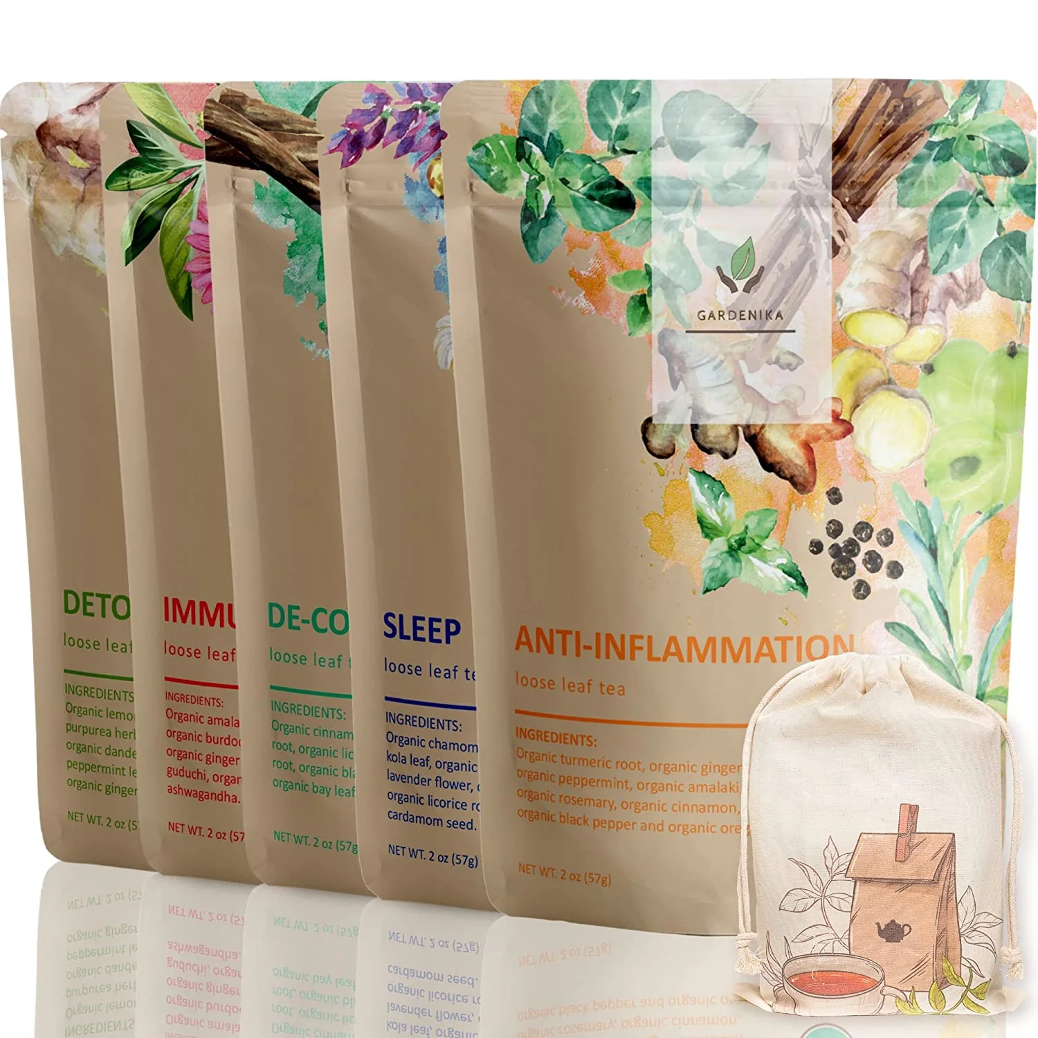 Gardenika Gardenika Loose Leaf Herbal Tea Gift Sampler, USDA Organic, Caffeine Free, 120+ Cups – 5 Pack