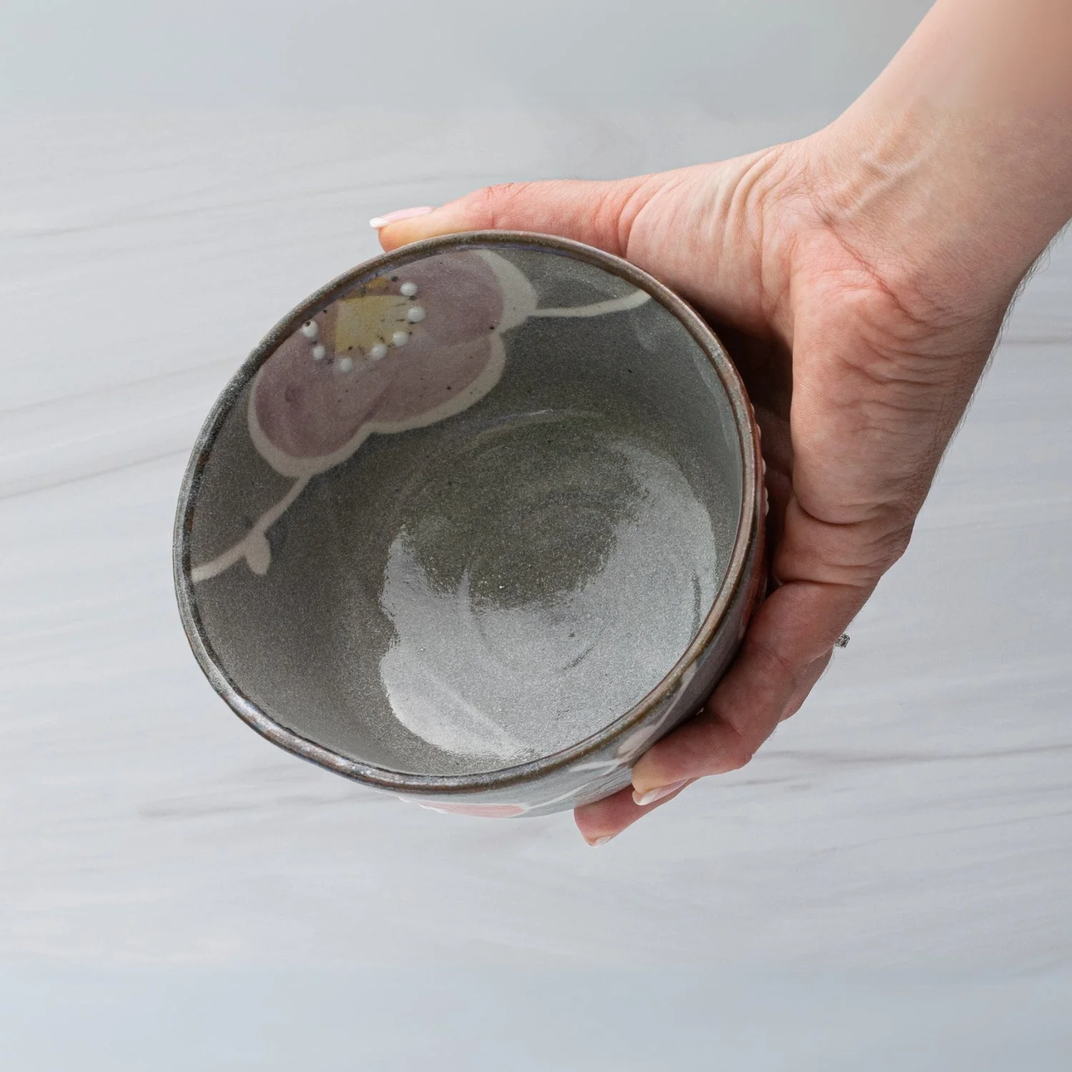 Aprika Life Gray with Flowers Ceramic Matcha Bowl - Image 3