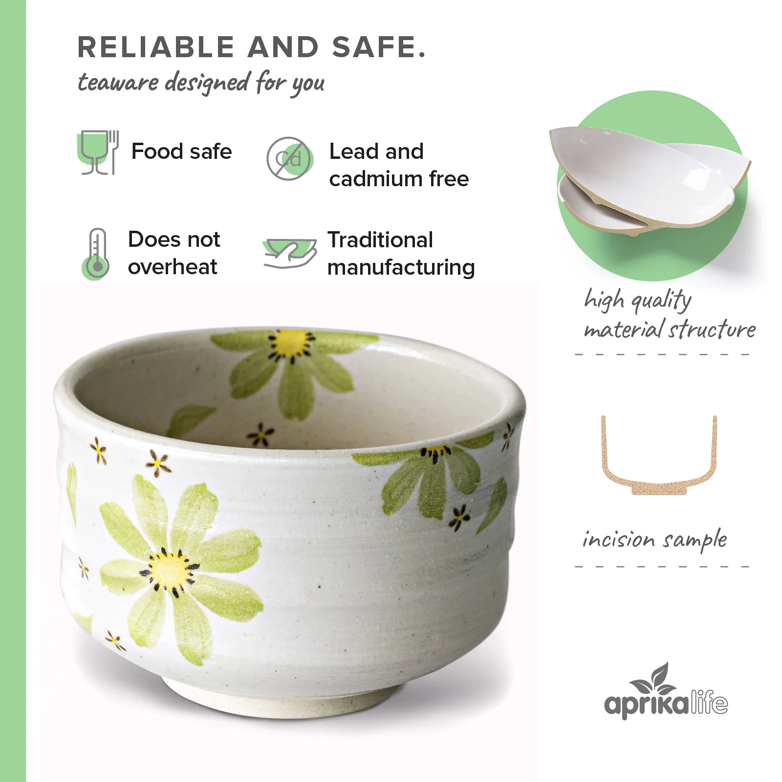Aprika Life Green Flowers Ceramic Matcha Bowl - Image 5