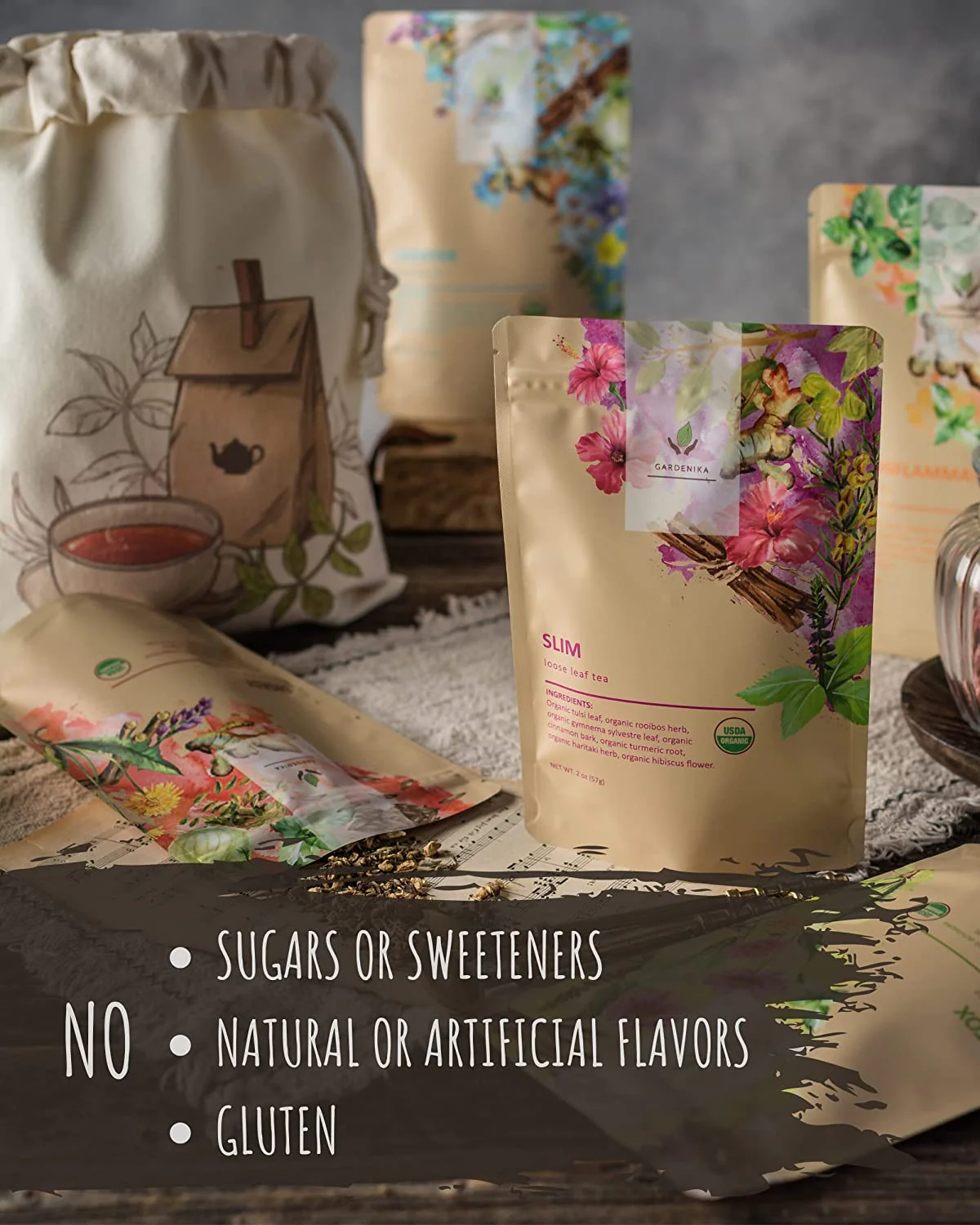 Gardenika Organic Loose Leaf Tea Sampler, Caffeine-Free Herbal Assortment, 120+ Cups – 5 Pack - Image 4